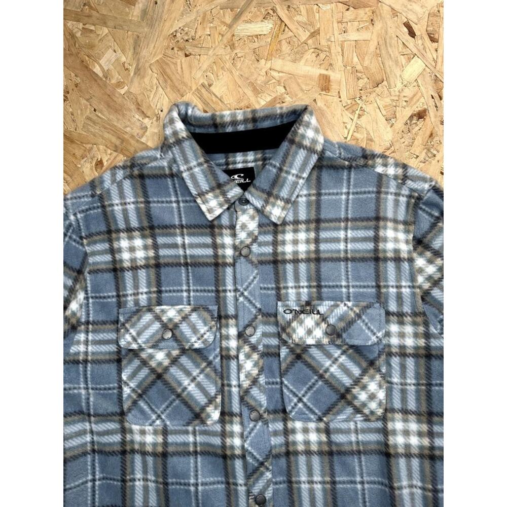 ONeill Fleece Flannel Shirt Mens Medium Blue Plaid Snap Button Long Sleeve - Picture 6 of 14